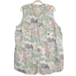 C&C California 100% Linen Tropical Beach Palm Tree Sleeveless Button Top SIZE 3X
